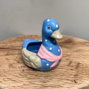 🔵 Cute Blue & Tan Duck w/ Pink Bow - Tea Light Candle Holder - Like New